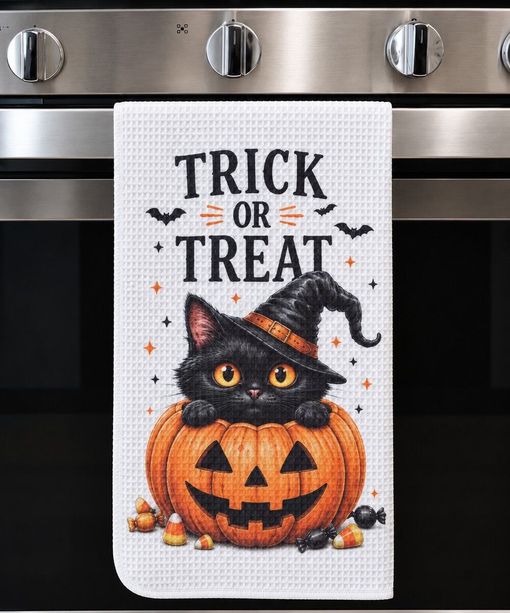 Trick or Treat Halloween Kitchen Towel Black Cat Pumpkin Farmhouse Decor
